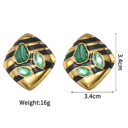 1 Pair Casual African Style Stripe Rhombus Inlay 304 Stainless Steel Malachite Zircon 18K Gold Plated Ear Studs