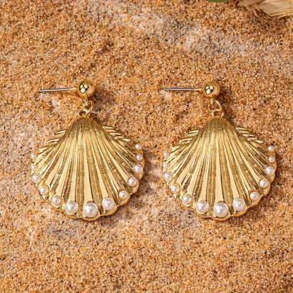 1 Pair Casual Beach Starfish Shell Inlay Alloy Pearl Drop Earrings Ear Studs