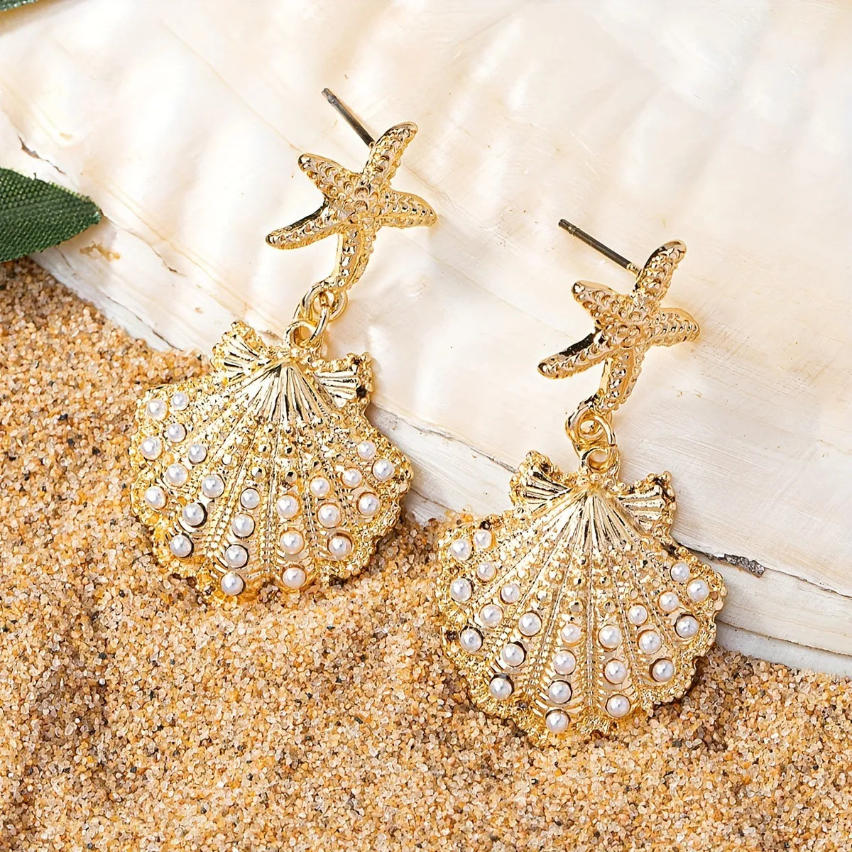 1 Pair Casual Beach Starfish Shell Inlay Alloy Pearl Drop Earrings Ear Studs