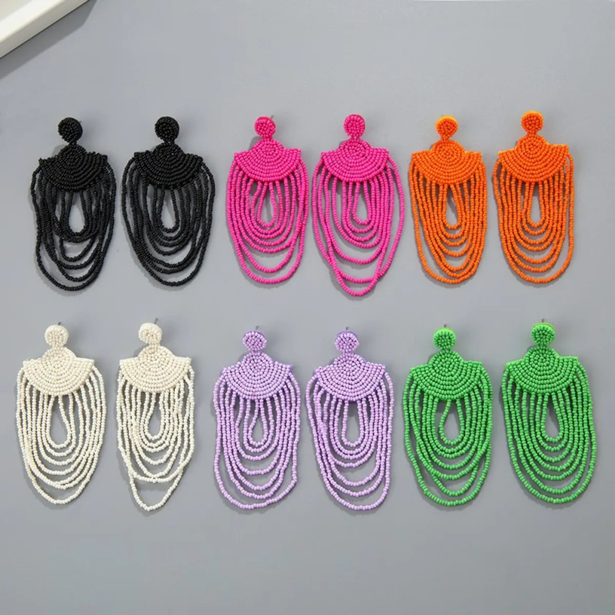 1 Pair Casual Bohemian Geometric Beaded Chain Seed Bead Drop Earrings