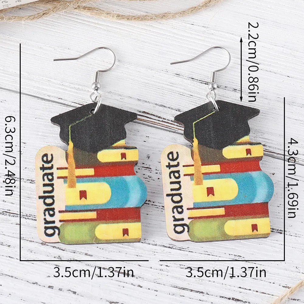 1 Pair Casual Book Doctoral Cap Wood Drop Earrings