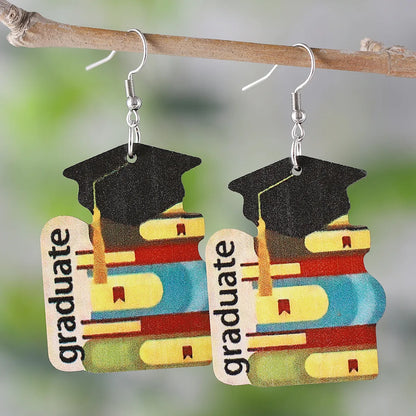 1 Pair Casual Book Doctoral Cap Wood Drop Earrings