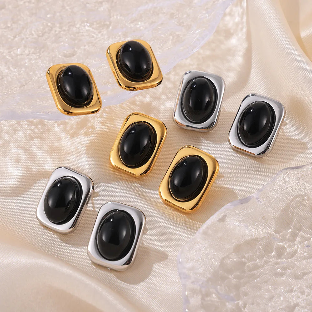 1 Pair Casual British Style Quadrilateral Oval Plating Inlay 304 Stainless Steel Glass 18K Gold Plated Ear Studs