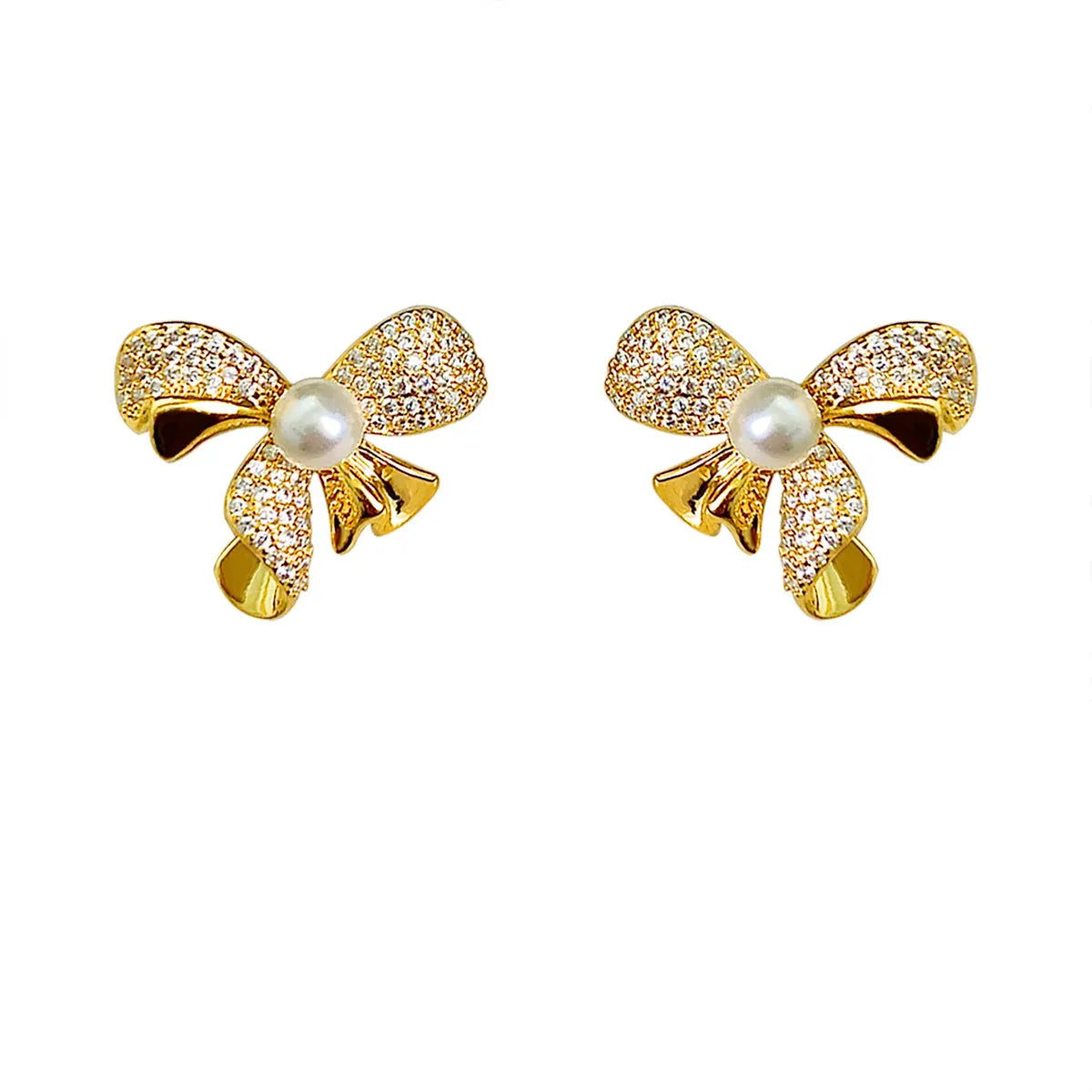 1 Pair Casual Business British Style Bow Knot Inlay Copper Pearl Zircon 18K Gold Plated Ear Cuffs