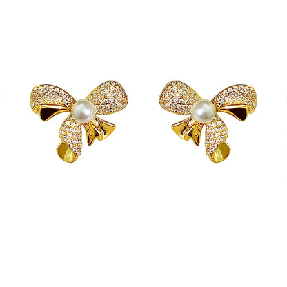 1 Pair Casual Business British Style Bow Knot Inlay Copper Pearl Zircon 18K Gold Plated Ear Cuffs