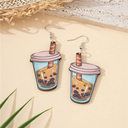 1 Pair Casual Cartoon Style Cute Milk Tea Cup Pearl Wood Drop Earrings