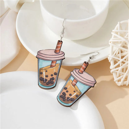 1 Pair Casual Cartoon Style Cute Milk Tea Cup Pearl Wood Drop Earrings