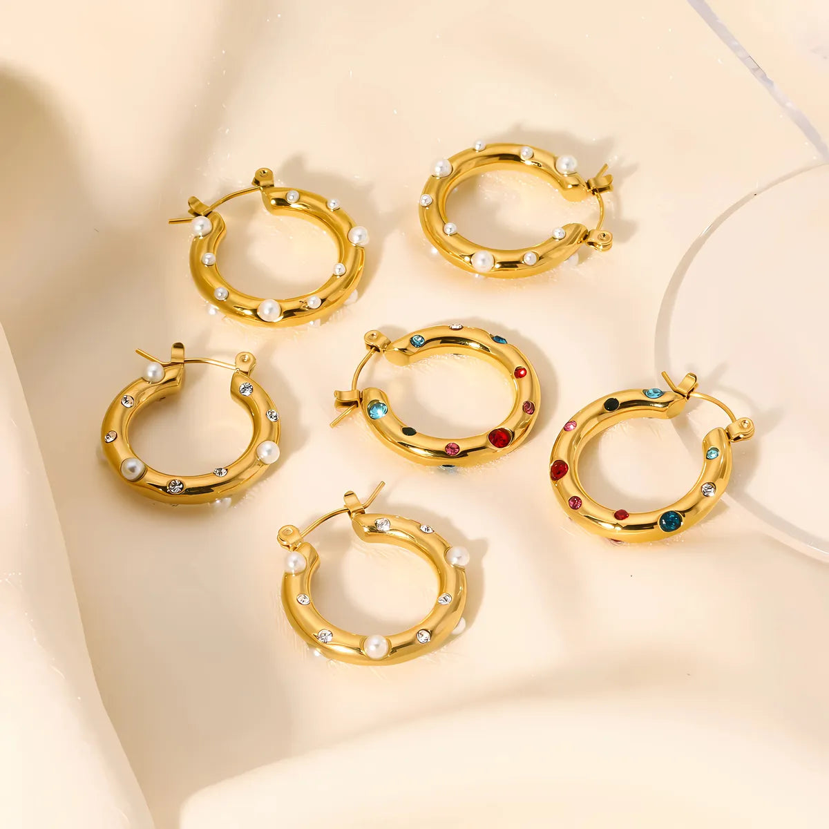 1 Pair Casual Circle Round Polishing Plating Inlay Stainless Steel Artificial Pearls 18k Gold Plated Earrings