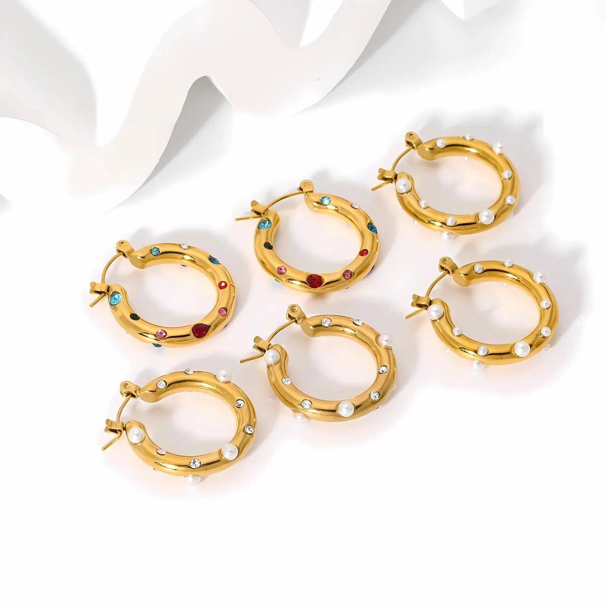 1 Pair Casual Circle Round Polishing Plating Inlay Stainless Steel Artificial Pearls 18k Gold Plated Earrings