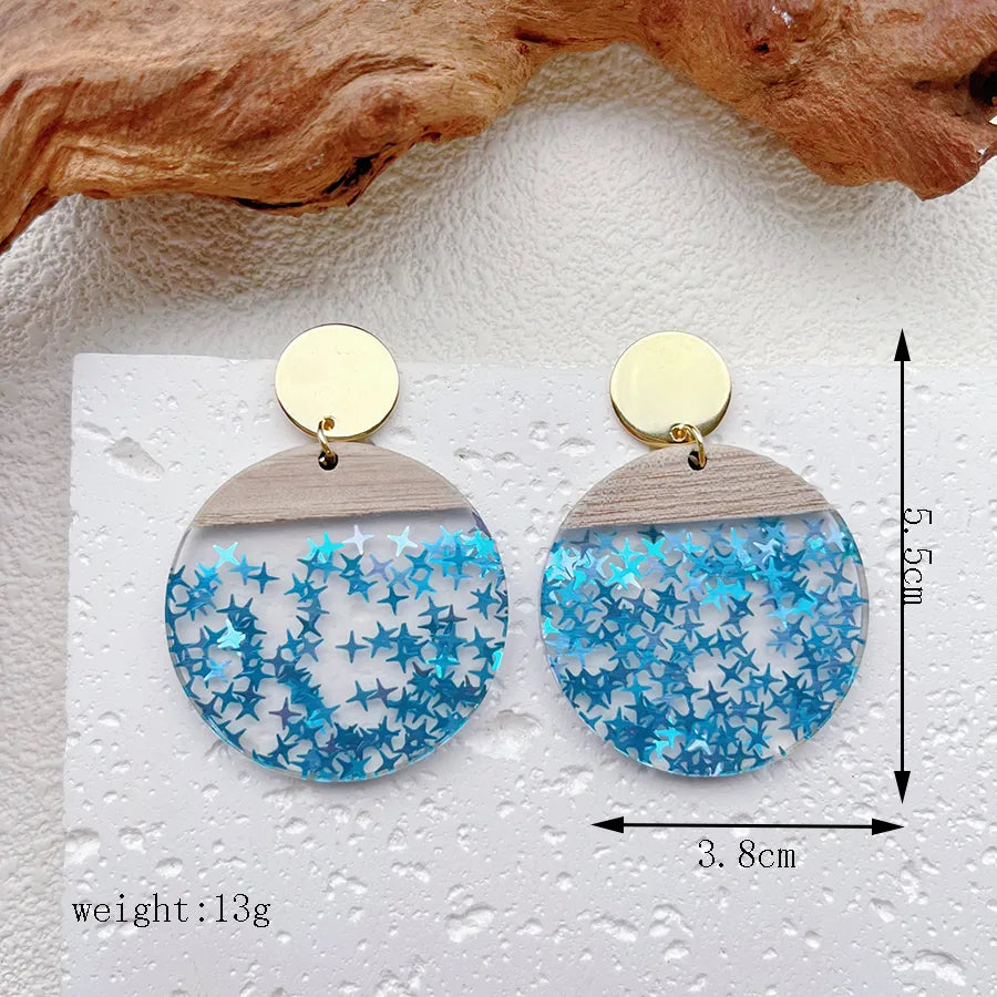 1 Pair Casual Classic Style Artistic Geometric Round Star Hollow Out Inlay Synthetic Resin Wood Artificial Pearls Drop Earrings