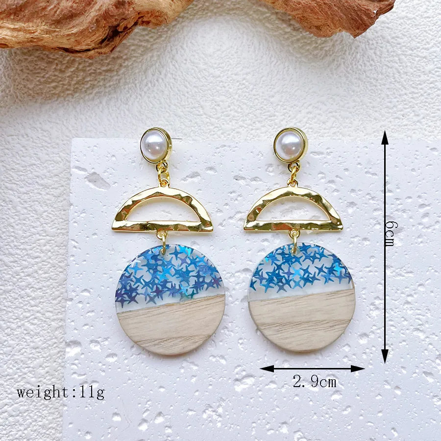 1 Pair Casual Classic Style Artistic Geometric Round Star Hollow Out Inlay Synthetic Resin Wood Artificial Pearls Drop Earrings