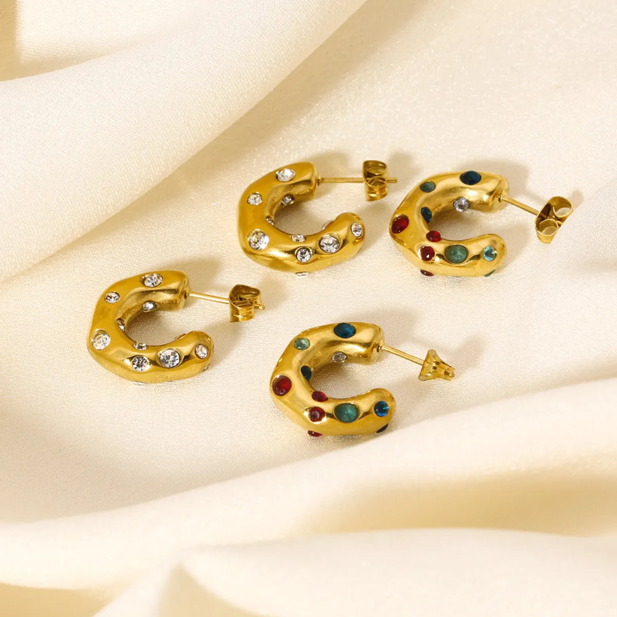 1 Pair Casual Classic Style C Shape Plating Inlay Stainless Steel Rhinestones 18k Gold Plated Ear Studs