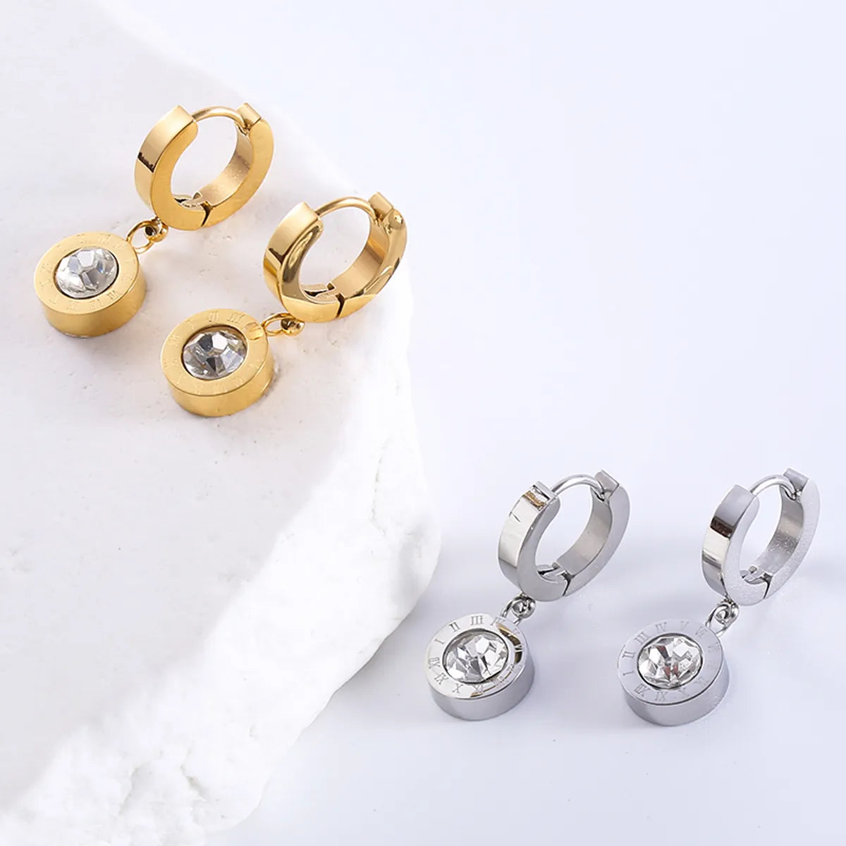 1 Pair Casual Classic Style Roman Style Round Plating Inlay Stainless Steel Zircon 18k Gold Plated Dangling Earrings