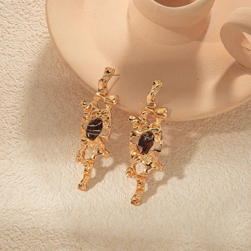 1 Pair Casual Classical Color Block Plating Carving Copper Artificial Gemstones 14K Gold Plated Drop Earrings