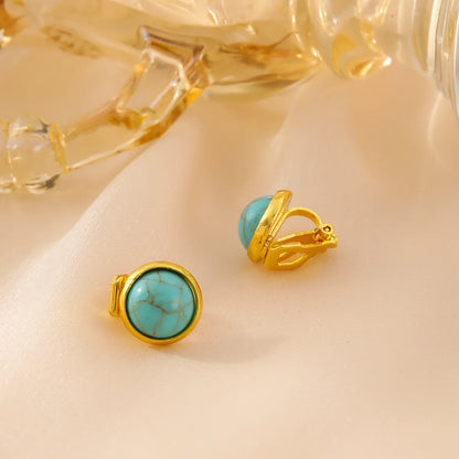 1 Pair Casual Classical Retro Round Plating Inlay Copper Turquoise 18K Gold Plated Ear Cuffs