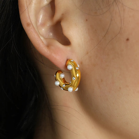 1 Pair Casual Commute C Shape Inlay 304 Stainless Steel Artificial Pearls 18K Gold Plated Ear Studs