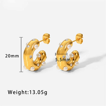 1 Pair Casual Commute C Shape Inlay 304 Stainless Steel Artificial Pearls 18K Gold Plated Ear Studs