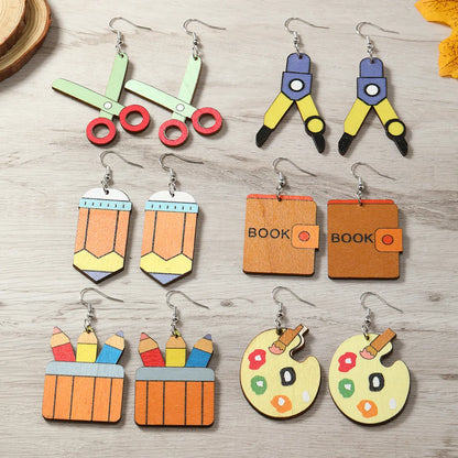 1 Pair Casual Cute Pastoral Book Scissors Pencil Wood Silver Plated Drop Earrings