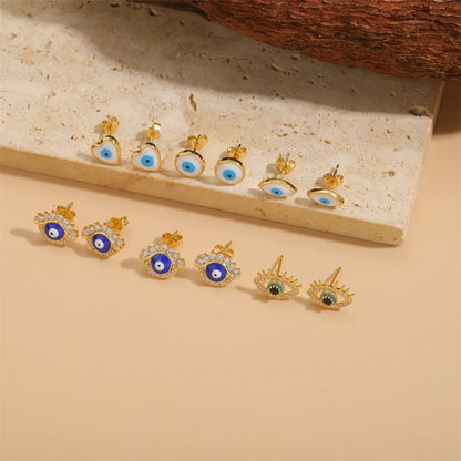 1 Pair Casual Cute Sweet Devil's Eye Epoxy Plating Inlay Copper Zircon 14k Gold Plated Ear Studs