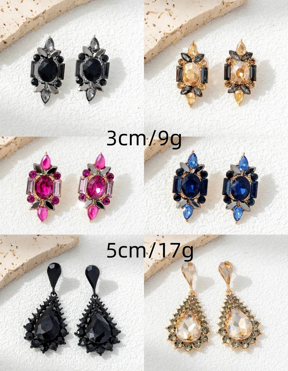 1 Pair Casual Elegant Badge Water Droplets Alloy Glass Rhinestones Drop Earrings