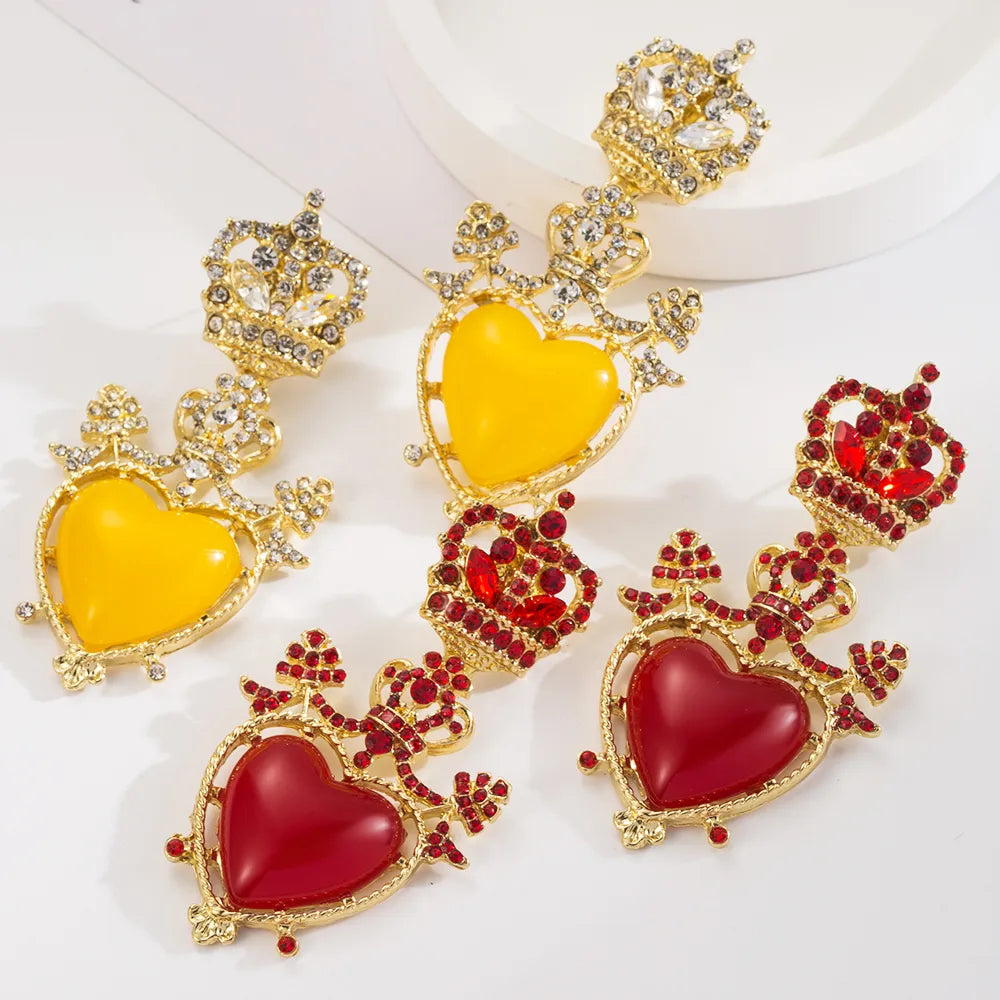 1 Pair Casual Elegant Classic Style Heart Shape Crown Inlay Alloy Resin Rhinestones Gold Plated Drop Earrings