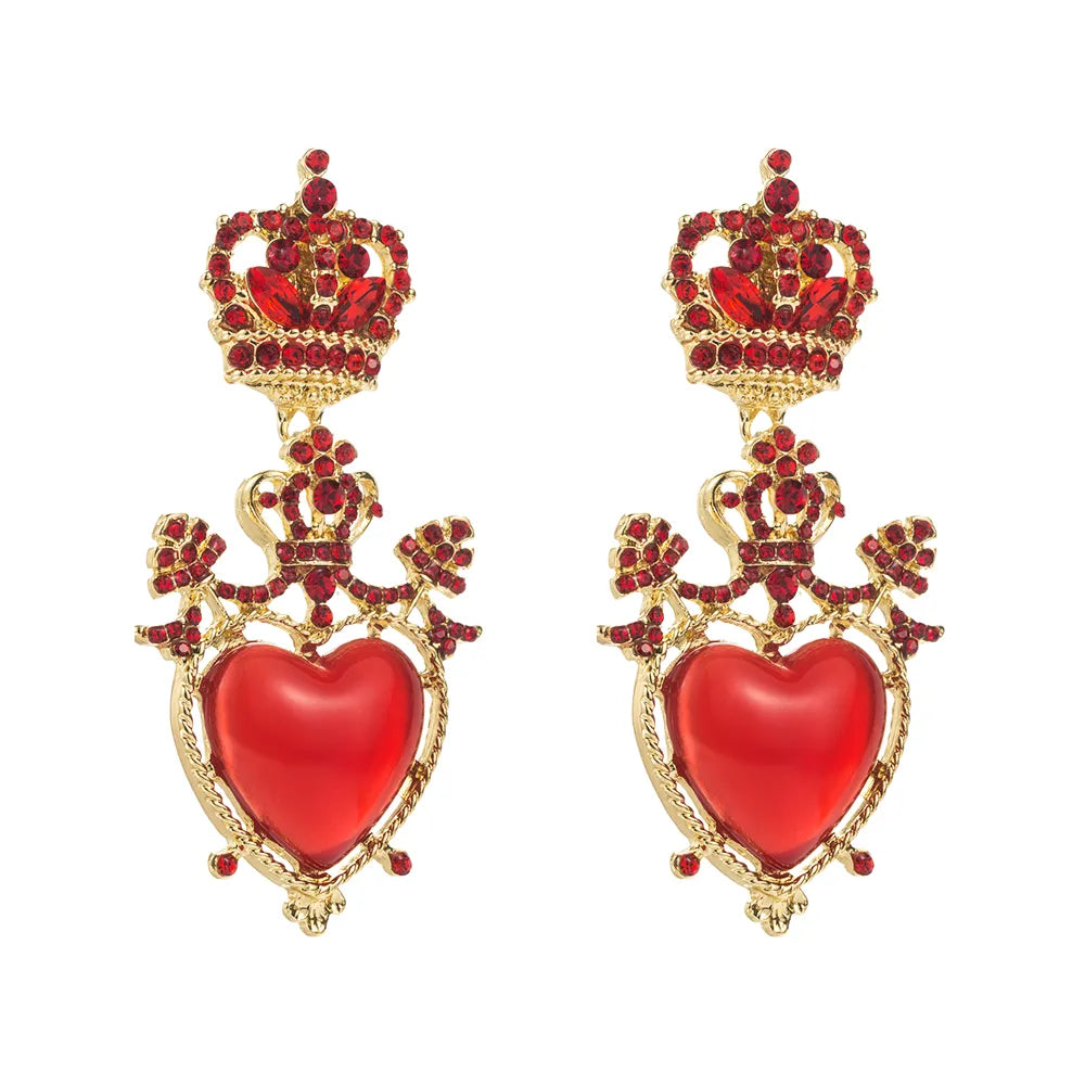 1 Pair Casual Elegant Classic Style Heart Shape Crown Inlay Alloy Resin Rhinestones Gold Plated Drop Earrings