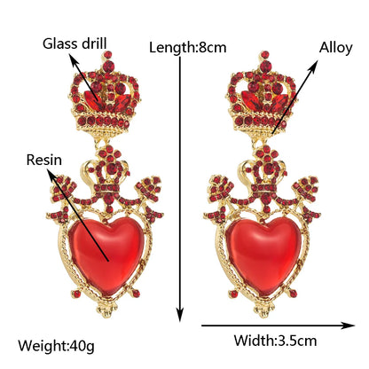 1 Pair Casual Elegant Classic Style Heart Shape Crown Inlay Alloy Resin Rhinestones Gold Plated Drop Earrings