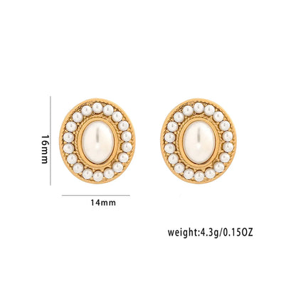 1 Pair Casual Elegant Commute Oval Inlay 304 Stainless Steel Pearl 18K Gold Plated Ear Studs