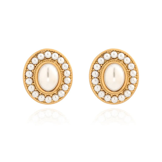 1 Pair Casual Elegant Commute Oval Inlay 304 Stainless Steel Pearl 18K Gold Plated Ear Studs