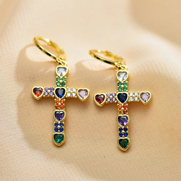 1 Pair Casual Elegant Cross Inlay Copper Zircon Drop Earrings