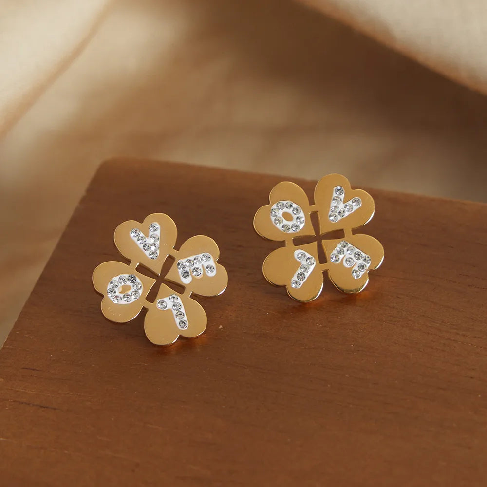 1 Pair Casual Elegant Four Leaf Clover Letter Plating Inlay Titanium Steel Artificial Diamond 18K Gold Plated Ear Studs