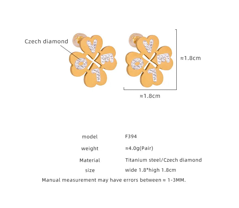 1 Pair Casual Elegant Four Leaf Clover Letter Plating Inlay Titanium Steel Artificial Diamond 18K Gold Plated Ear Studs