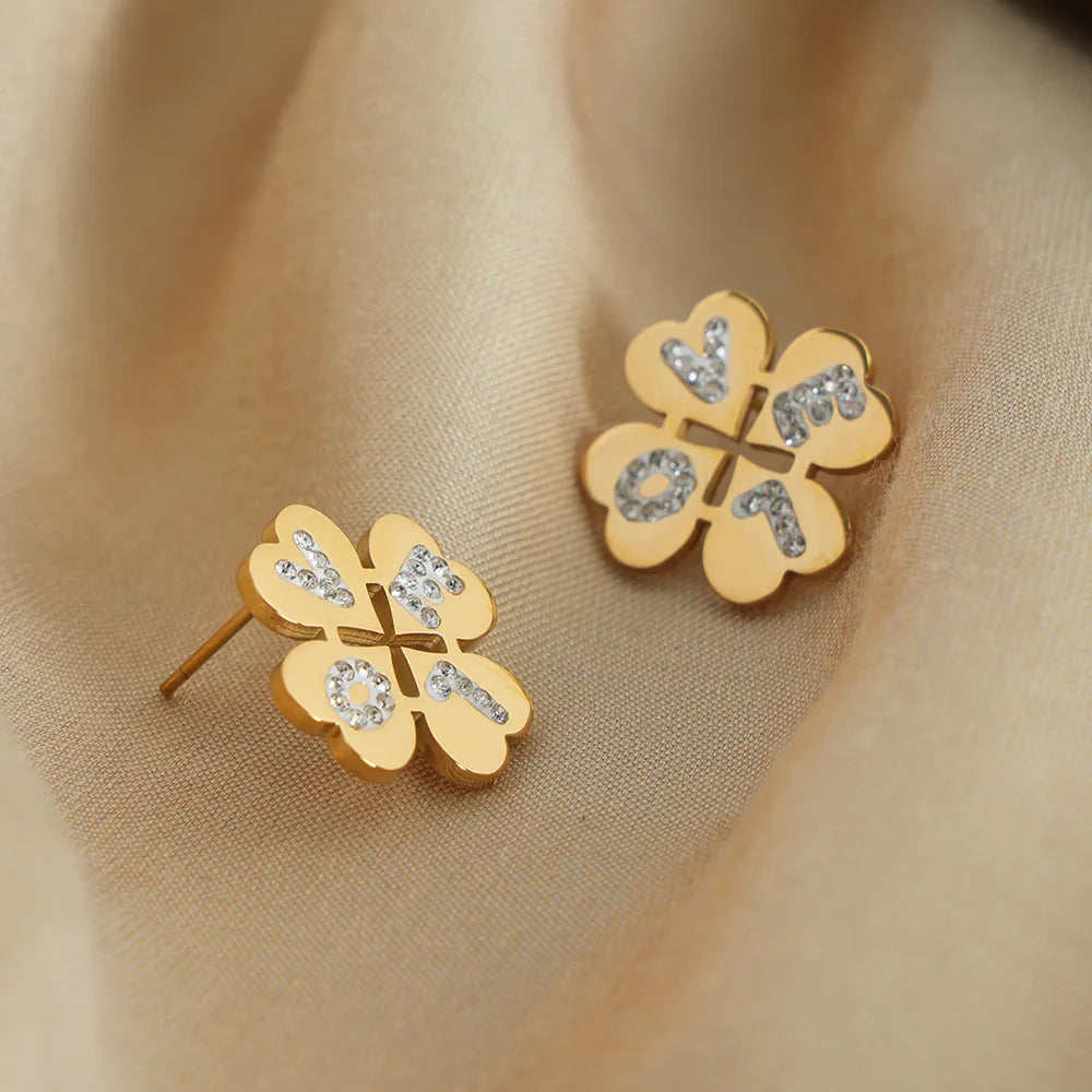 1 Pair Casual Elegant Four Leaf Clover Letter Plating Inlay Titanium Steel Artificial Diamond 18K Gold Plated Ear Studs