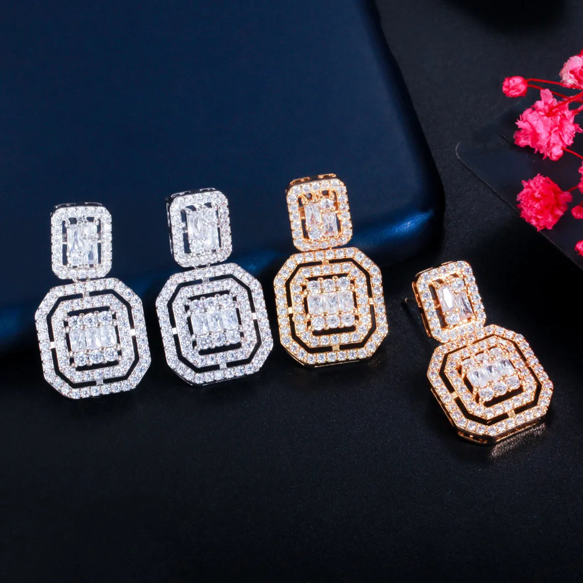 1 Pair Casual Elegant Geometric Plating Inlay Copper Zircon 14k Gold Plated Rhodium Plated Drop Earrings