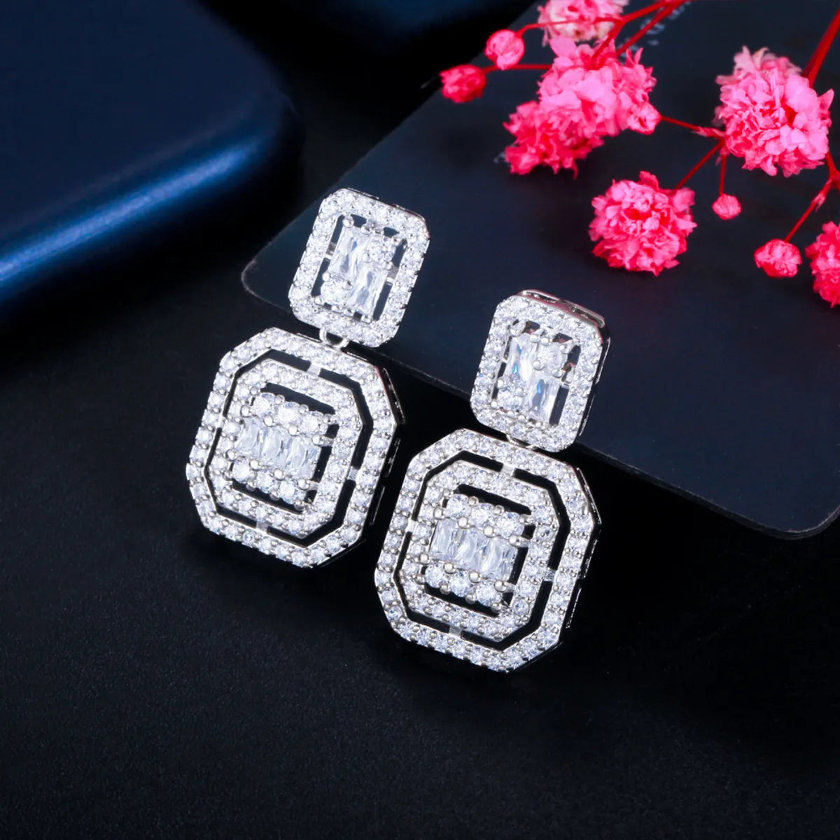 1 Pair Casual Elegant Geometric Plating Inlay Copper Zircon 14k Gold Plated Rhodium Plated Drop Earrings