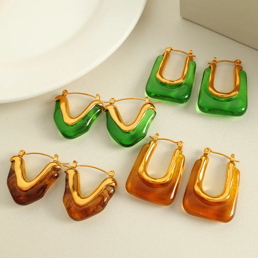 1 Pair Casual Elegant IG Style Heart Shape Rectangle Polishing Epoxy 304 Stainless Steel Resin 18K Gold Plated Earrings