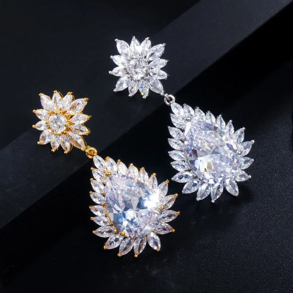 1 Pair Casual Elegant Romantic Snowflake Plating Inlay Copper Zircon 14k Gold Plated Rhodium Plated Drop Earrings