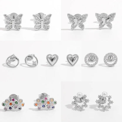 1 Pair Casual Elegant Shiny Round Heart Shape Butterfly Plating Inlay Sterling Silver Zircon White Gold Plated Ear Studs