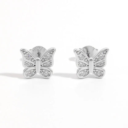 1 Pair Casual Elegant Shiny Round Heart Shape Butterfly Plating Inlay Sterling Silver Zircon White Gold Plated Ear Studs