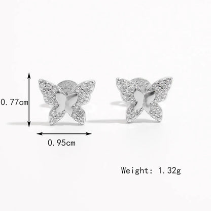 1 Pair Casual Elegant Shiny Round Heart Shape Butterfly Plating Inlay Sterling Silver Zircon White Gold Plated Ear Studs