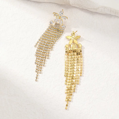 1 Pair Casual Elegant Shiny Tassel Flower Plating Inlay Alloy Rhinestones Gold Plated Drop Earrings