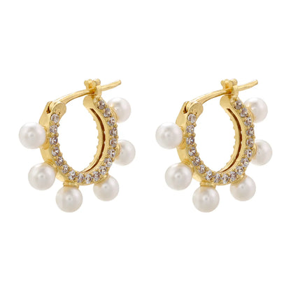 1 Pair Casual Elegant Simple Style C Shape Circle Plating Hollow Out Inlay Copper Artificial Pearls Zircon 18k Gold Plated Earrings