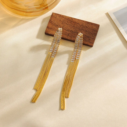 1 Pair Casual Elegant Simple Style Rectangle Tassel Inlay Copper Zircon 18K Gold Plated Drop Earrings