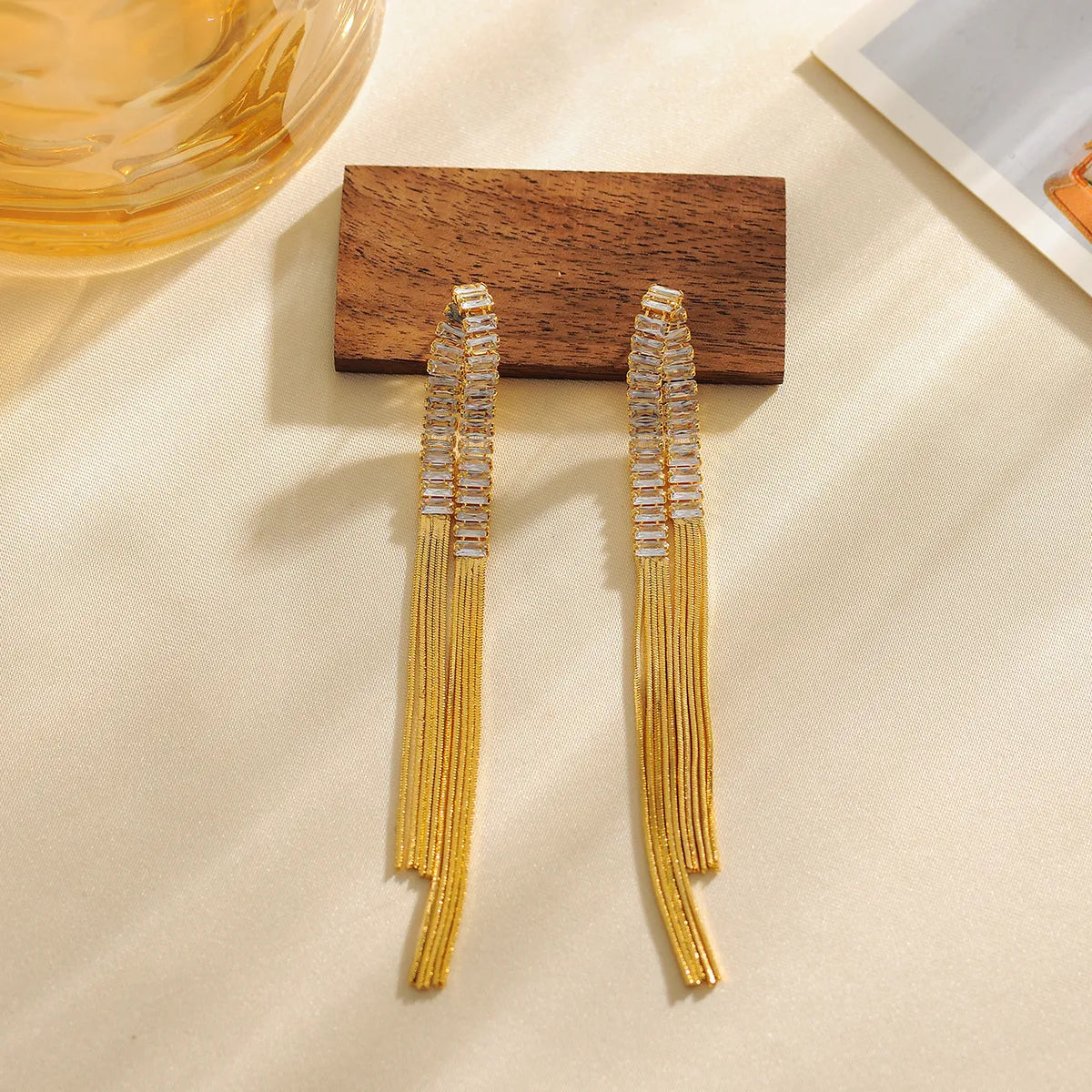 1 Pair Casual Elegant Simple Style Rectangle Tassel Inlay Copper Zircon 18K Gold Plated Drop Earrings