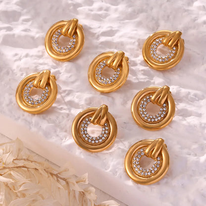 1 Pair Casual Elegant Simple Style Round Plating Inlay Titanium Steel Rhinestones 18K Gold Plated Ear Studs