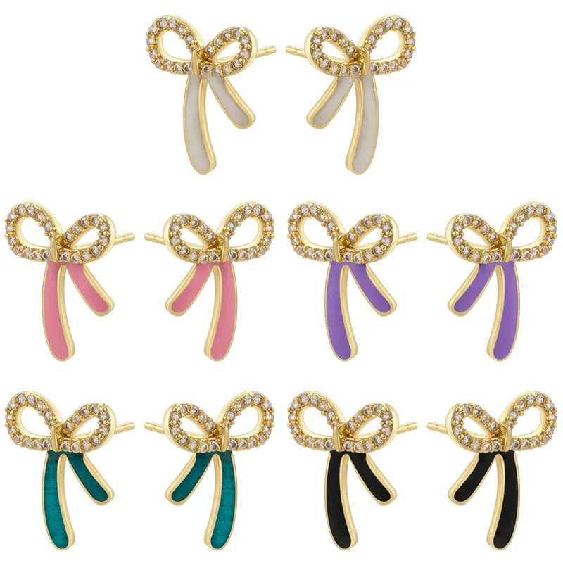 1 Pair Casual Elegant Sweet Bow Knot Enamel Plating Inlay Copper Zircon 18K Gold Plated Ear Studs