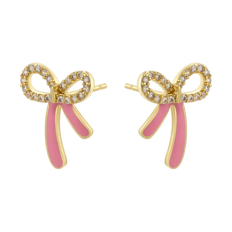 1 Pair Casual Elegant Sweet Bow Knot Enamel Plating Inlay Copper Zircon 18K Gold Plated Ear Studs