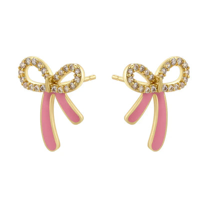 1 Pair Casual Elegant Sweet Bow Knot Enamel Plating Inlay Copper Zircon 18K Gold Plated Ear Studs