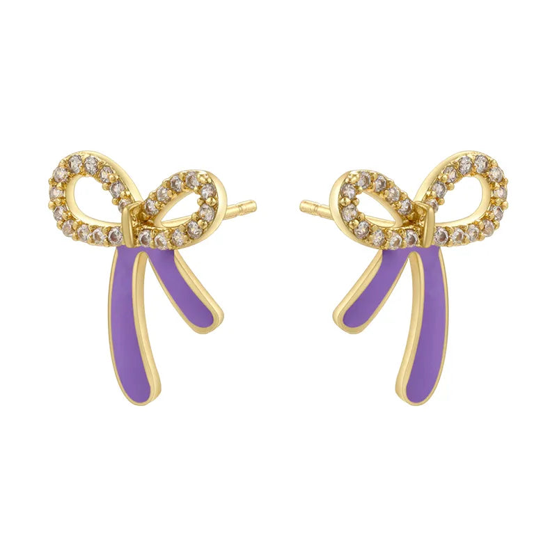 1 Pair Casual Elegant Sweet Bow Knot Enamel Plating Inlay Copper Zircon 18K Gold Plated Ear Studs