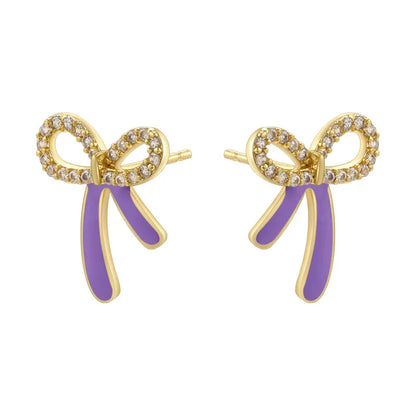 1 Pair Casual Elegant Sweet Bow Knot Enamel Plating Inlay Copper Zircon 18K Gold Plated Ear Studs